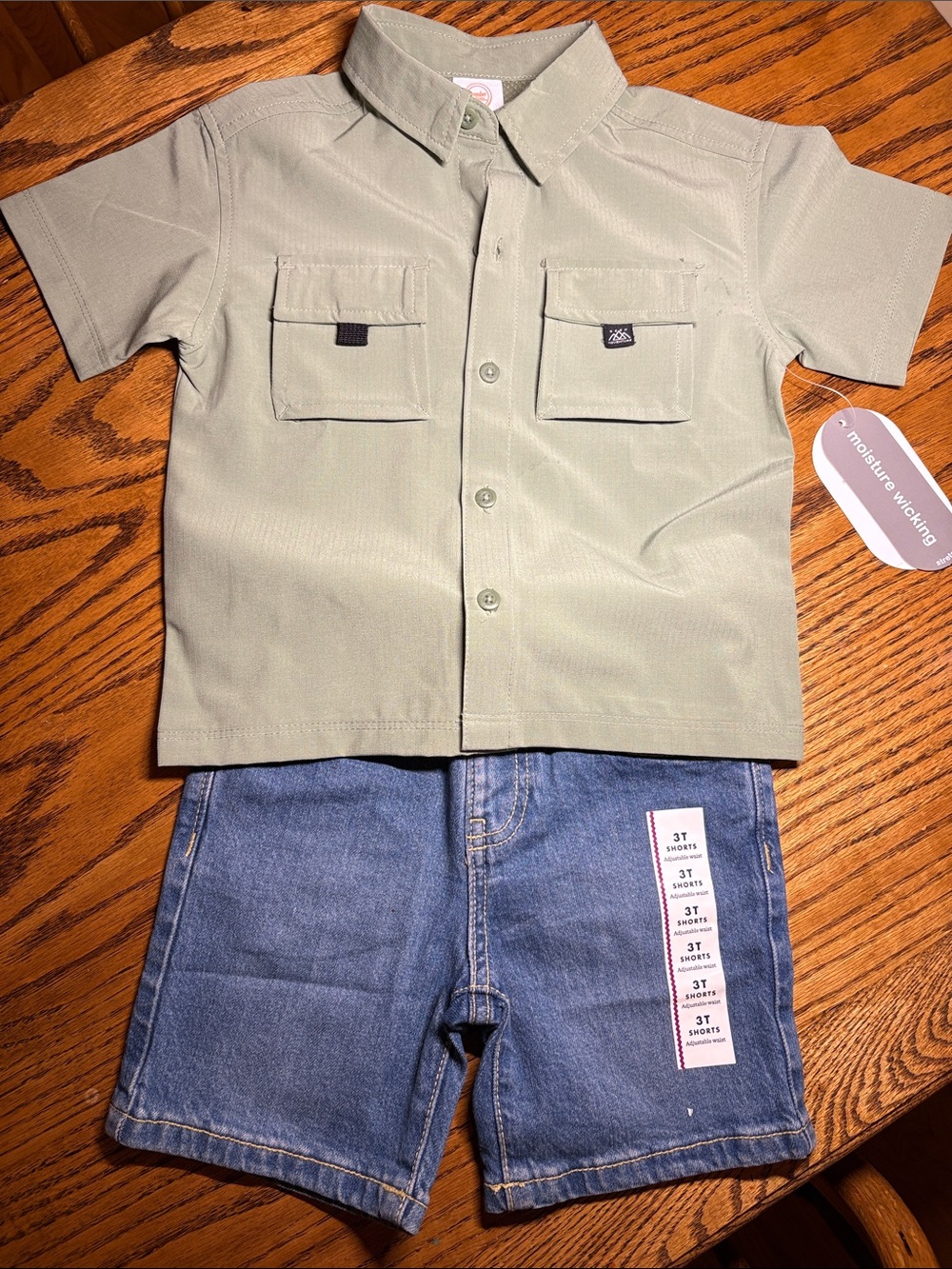 Cat & Jack Sage Green Short-Sleeve Button Front Shirt & blue Jean shorts.
